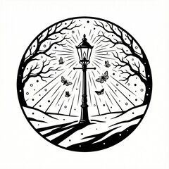 Lamppost and Snow in Forest Silhouette