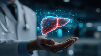 Doctor holding digital liver hologram in futuristic medical environment for advanced healthcare innovations