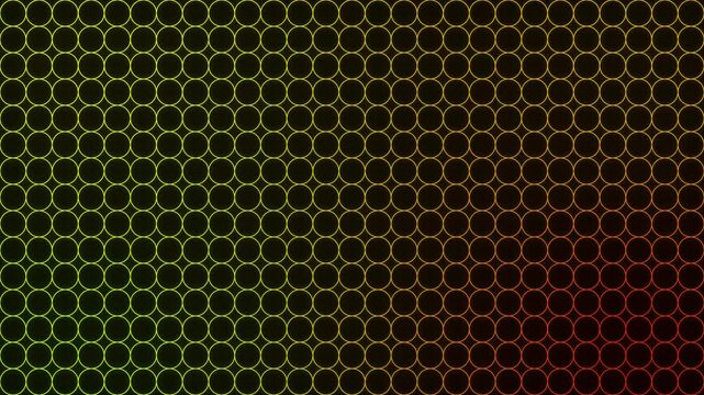Colourful glowing outlined circles moving horizontally on black background