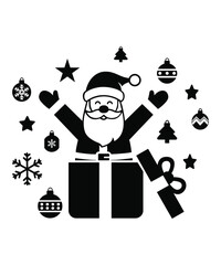 Cute Christmas Santa in Gift Box with Snowflakes, Candy Cane and Decorations