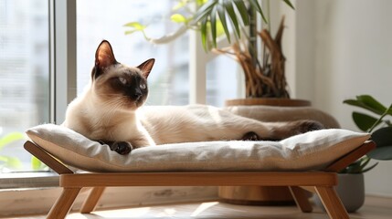 Cat rests comfortably on a modern minimalist cat bed with wooden frame near a window, surrounded by indoor plants, enjoying sunlight