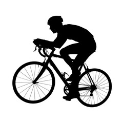 Obraz premium Dynamic silhouette of a cyclist racing on a road bike against a white background, symbolizing speed, fitness, and healthy lifestyle for athletic brands
