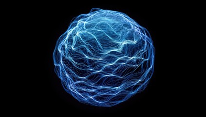 Blue glowing orb of energy waves against a dark background, looks like plasma or an electric current