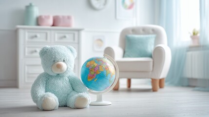 A teddy bear and a globe in the nursery on the floor.  menthol interior, armchair and chest of drawers in the background, daylight.View from below.  Space for objects and text. Without people.