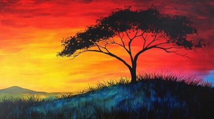 Silhouette Tree Against Vibrant Sunset Landscape
