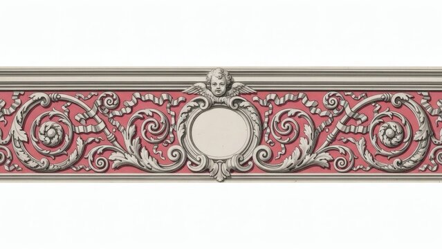 Classical vintage border design featuring a central cherub face surrounded by intricate white acanthus scrolls on a pink background, perfect for architectural friezes or retro frames.