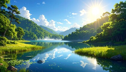 Serene lake view, clear water reflecting blue sky, bright sunlight, green trees on banks, peaceful and scenic