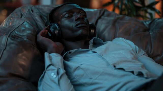 A man wearing a shirt and closed eyes is laying down on a couch, using headphones for sound, possibly sleeping or relaxing in the dark.
