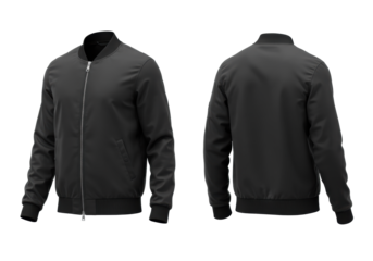 ultra-detailed blank matte black nylon bomber jacket (tracksuit style) with silver zipper, shown front and back flat lay on transparent background, perfect apparel mockup template concept