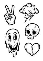 Vintage cartoon sticker set, including a dripping spooky face, human skull, broken heart, stormy cloud with lightning, and peace hand gesture outline