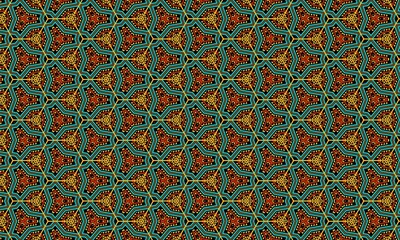 Exquisite geometric illustration featuring intricate interlocking shapes in teal, red, and gold on a black background. Perfect seamless tribal pattern for design.