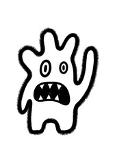 Fototapeta premium Distressed black and white microbe doodle, spooky germ character with sharp teeth and one arm raised, cute grunge monster drawing in cartoon style