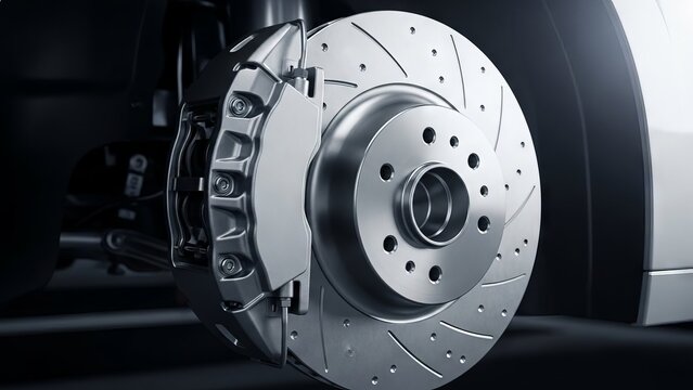 Detailed view of a high-performance automotive brake caliper and rotor