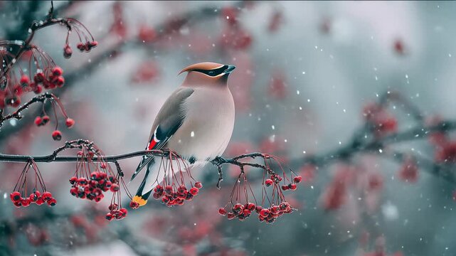 Elegant Himalayan Monal Parrot Perching on Red Berries in Snowy Winter Forest Closeup