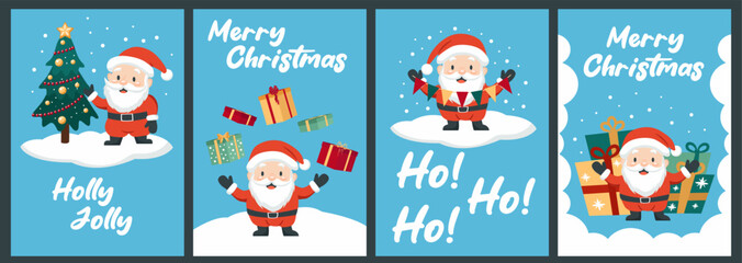 Christmas cards set. Cute festive Santa Claus characters on a blue winter background. Santa with a Christmas tree, gifts, garland. Vector.
