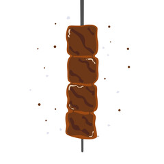 Grilled Meat Skewer. Delicious grilled meat on a stick vector illustration. BBQ beef or pork skewer with seasoning in flat design style, isolated on white background. Perfect for food menus and icons.