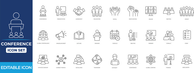 Conference line icon set showcasing meeting, presentation, teamwork, collaboration, seminar, report, stage, planning, talk, and business communication symbols for corporate design.