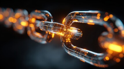 a closeup of a glowing digital chain link representing cybersecurity blockchain technology and data security in a futuristic design