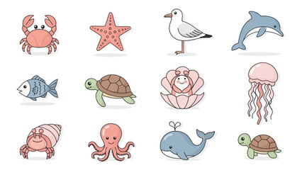 Obraz premium Cute Kawaii Pastel Sea Ocean Animals Characters Icons Set