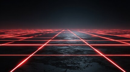 a dark futuristic grid with glowing neon lines creating a sense of depth and perspective in a cyberpunk style