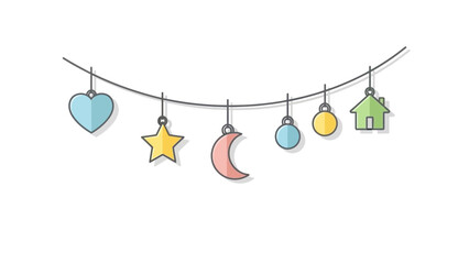 Whimsical Embellishments: Adornments of hearts, stars, and other delightful shapes hang delicately. A playful design. 