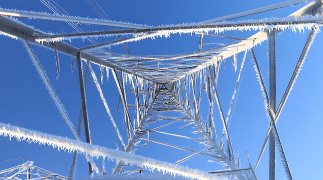 Winter's icy grip on a towering lattice structure, its metal frame transformed into a frosted sculpture against the stark blue sky. A testament to nature's artistry. - Powered by Adobe