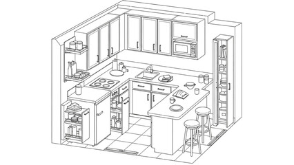 High-quality black line art of a compact small-apartment kitchen floor plan with efficient corner storage, modern interior layout design