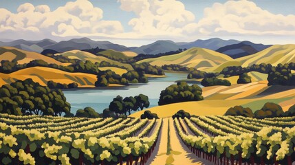 Vineyard Landscape With Rolling Hills And A River