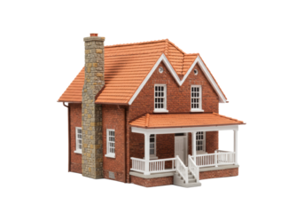 highly detailed architectural scale model of a classic two-story american red brick house with a terracotta roof, isolated on a transparent background for copy space. concept of real estate