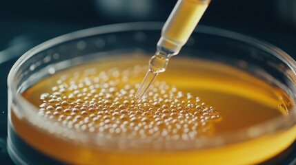 Drops of liquid in a transparent flask with a pipette illustrate scientific experiments, serving as the main backdrop for medical or chemical research.