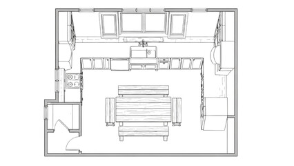 High-quality black line art of a farmhouse-style kitchen floor plan with wide counters and a central rustic table, country interior layout design