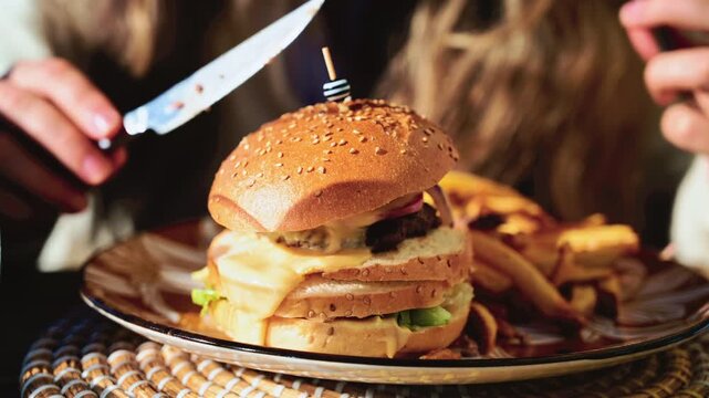 Gourmet burger served on a patterned plate in bright daylight, with blurred restaurant terrace in the background