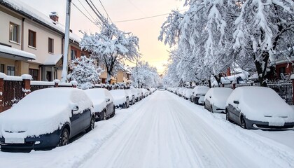 Snow blankets cars & houses in a residential street, cold winter scene with pastel sky and snow-covered trees