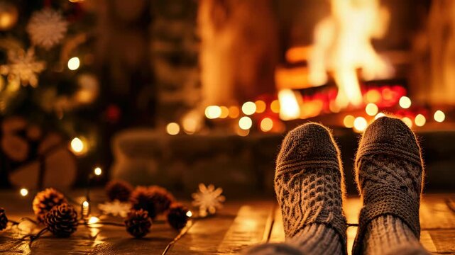 A person is sitting in front of a fireplace with their feet up. The fireplace is lit and there are pine cones on the floor