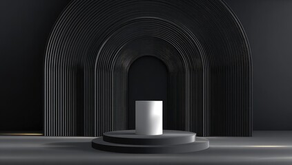 Fototapeta premium Minimalist scene dark arches create depth, spotlighting a white cylinder atop a tiered gray platform