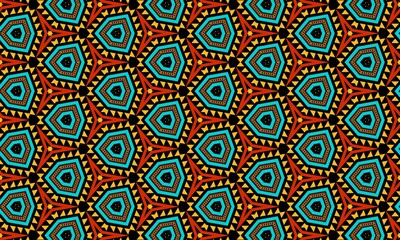 Seamless geometric pattern illustration with a tribal feel, featuring repeating hexagonal shapes in shades of red, teal, and yellow on a black background.