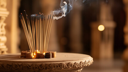 Incense sticks burn on a textured stone pedestal, wisps of smoke rising. A serene, focused scene with a sacred ambiance, a moment of tranquility and reverence.