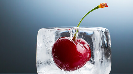 Vibrant cherry preserved in a block of clear ice, suspended against a cool blue background. A refreshing and unique still life, showcasing natures beauty.