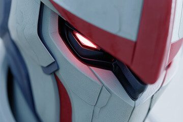 Futuristic red and white robotic face with glowing eye