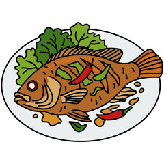 Fried Fish with Vegetables Illustration