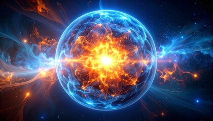 Obraz premium Abstract fusion energy background, radiant spherical core emitting plasma-like light, deep blues and fiery oranges, clean controlled power, soft space-like atmosphere,