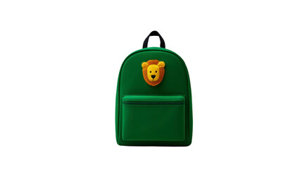 Obraz premium Green backpack lion face patch cute playful children school zipper pocket animal design fun accessory isolated on transparency background
