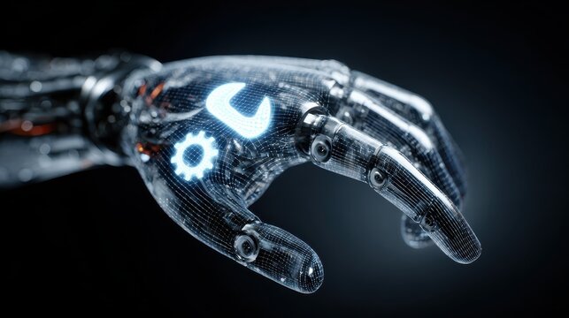 futuristic digital hand presents a glowing wrench icon symbolizing innovation and technical support - Powered by Adobe