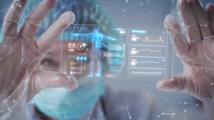 Medical worker wearing gloves holding holographic medical data with both hands. Digital screen showing patient history and health indicators. Futuristic diagnostic interface in bright clinic. - Powered by Adobe