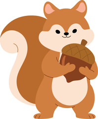 happy squirrel character holding acorn , cute brown rodent animal, funny tiny squirrel illustration