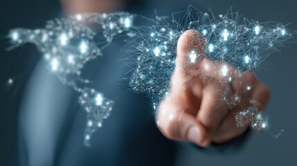 businessman using digital world map with human icons global network connection and international business communication concept background