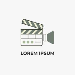 Minimalist clapperboard and camera icon in flat modern style with clean lines and muted green tones. Ideal for film production branding, video editing