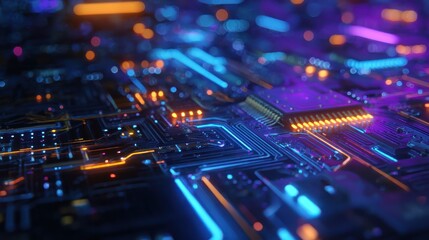 Fototapeta premium closeup view of a glowing futuristic circuit board with intricate neon blue purple and orange lights conveying a hightech and digital atmosphere