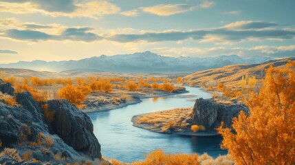 Autumn River Valley Scenic Mountain View