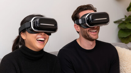 A happy young couple wearing virtual reality headsets laughs together while sitting on a sofa. This illustrates modern technology, entertainment, and shared fun experiences at home.